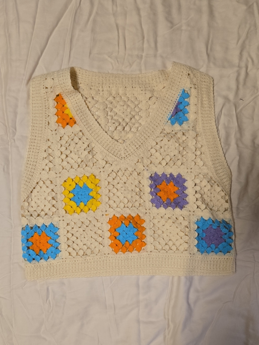 Cream Crochet Cropped Sweater Vest with Colorful Granny Squares - Women's